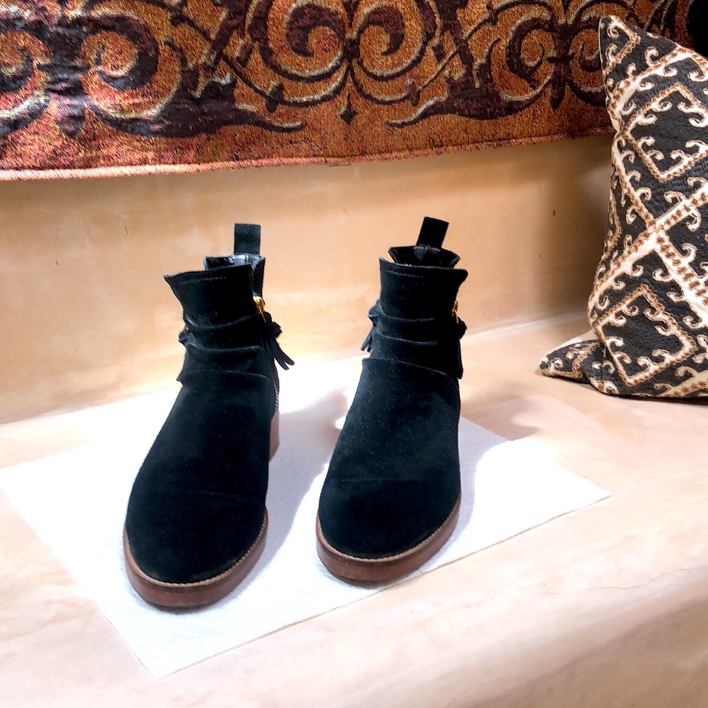 Cole Haan black suede boots with gold tone hardware